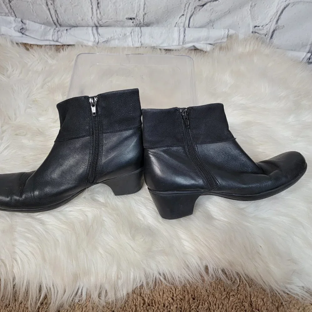CLARKS Womens 9 Ingalls Dover‎ Leather Black Heeled Booties Comfort Ankle Boots